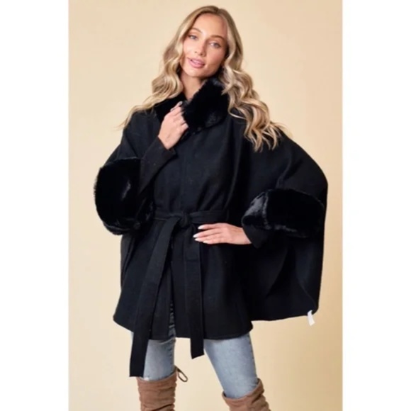 Black Solid Faux Fur Trimmed Soft Fuzzy Poncho Cape Coat Women's Fall Winter - Picture 3 of 6